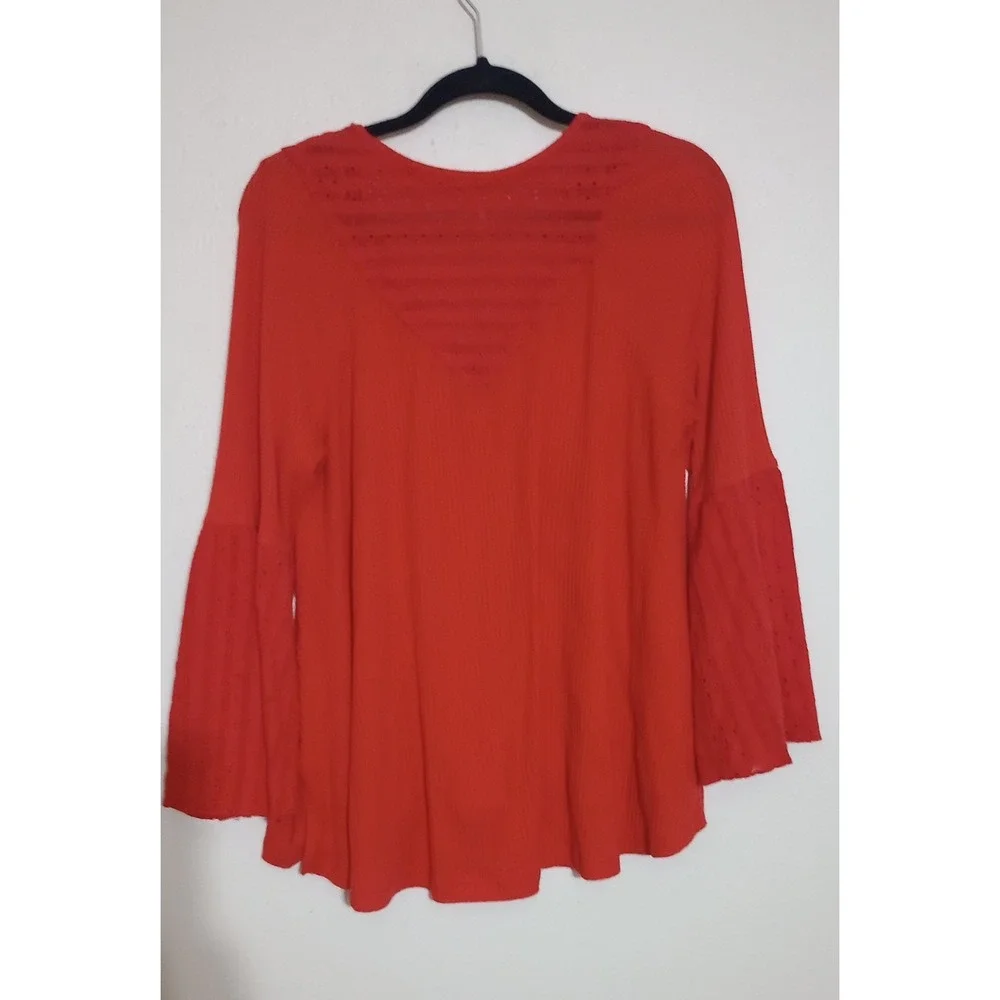 Free People Waffle Knit Eyelet Lace Trim Bell Sleeve Thermal Top Orange Medium